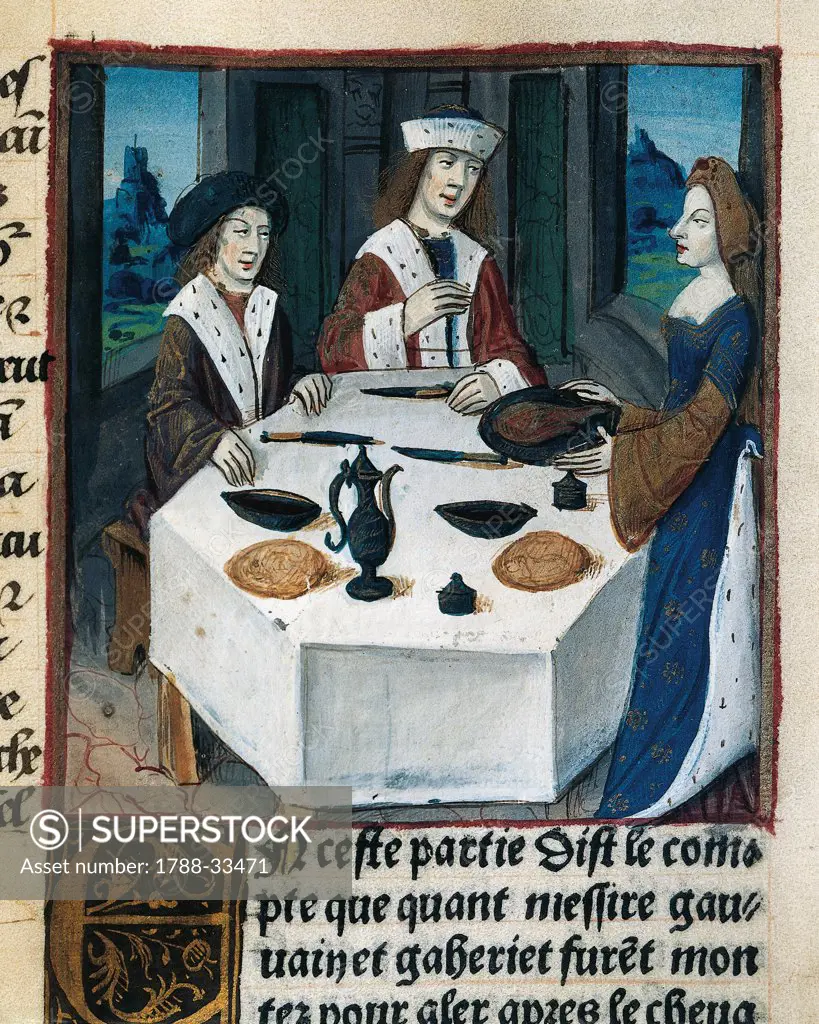 The Lords table, miniature from Lancelot of the Lake, manuscript, France 15th Century.