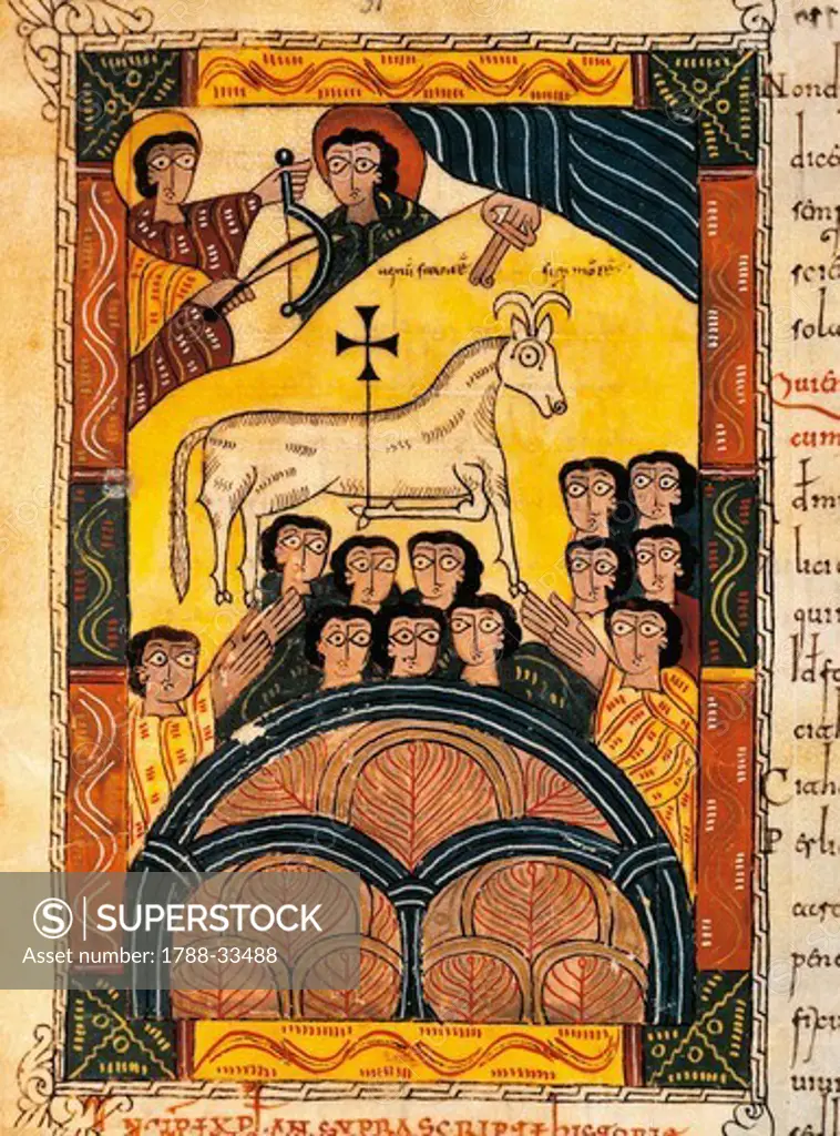 The winning lamb, miniature from Review of the Apocalypse of Saint Beatus of Liebana, manuscript folio 117 recto, Spain 10th Century.