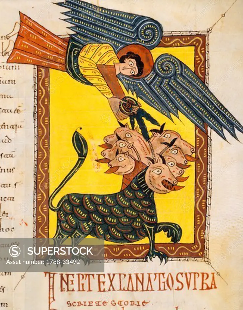 Angel fighter, miniature from Review of the Apocalypse of Saint Beatus of Liebana, manuscript folio 18 recto, Spain 10th Century.