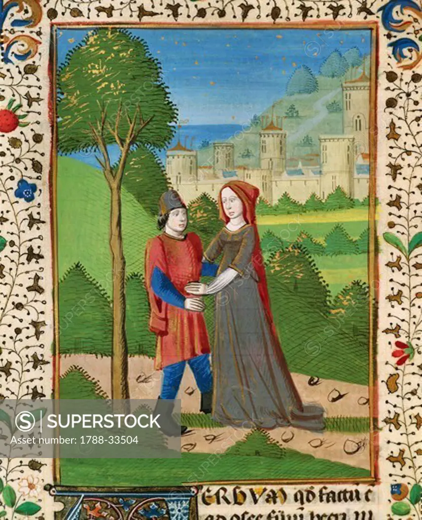 Scene depicting an engagement, miniature from Saint John XXII's Bible, Latin manuscript from The Papal palace in Avignon, folio 103 verso, France 15th Century.
