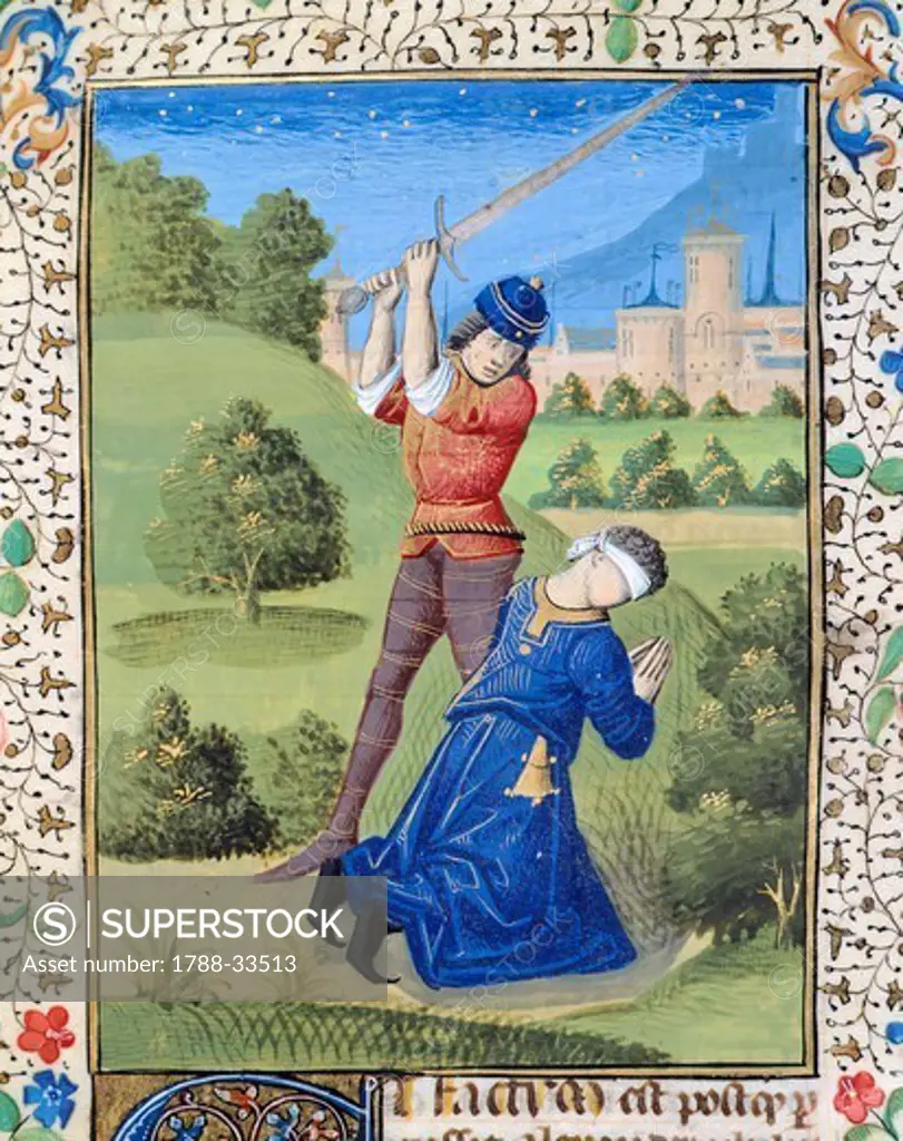Decapitation, miniature from the Bible of Pope John XXII, Latin manuscript from the Palace of the Popes of Avignon, folio 22 recto, France 15th Century.