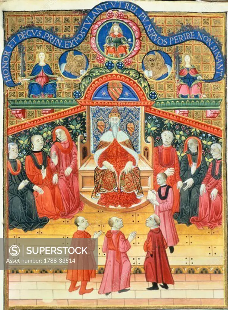 Brescian citizens given an audience in the Venetian Senate, miniature from Book of Privileges, manuscript, Italy 15th Century.