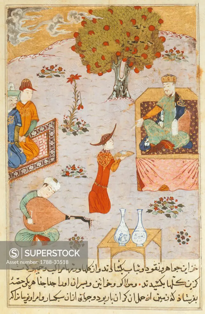 Guyuk Khan on a throne in a garden with a maid offering a plate and a lute player, Persian manuscript, manuscript 206, folio 140, verso.