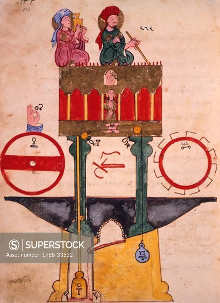 Miniature from the Book of Knowledge of Ingenious Mechanical Devices by Al-Jazari, Turkey, 1203.
