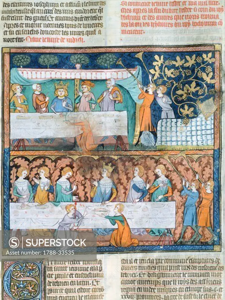 Royal banquet, miniature from Guyart des Moulins and Peter Comestor's Bible, manuscript, end 13th Century-beginning 14th Century.