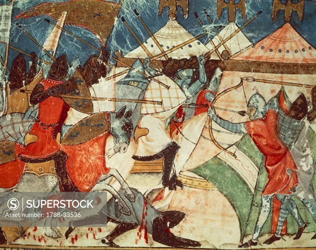 Battle in the Greek army's camp, miniature from Trojan history, manuscript, Spain 15th Century.