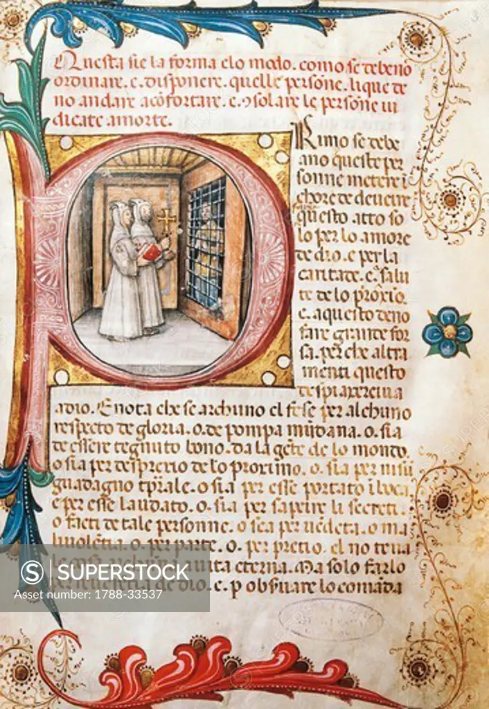 Comforting the condemned, illuminated page from the Ritual of the Brethrens from the Mercy of Genoa, manuscript 15th Century.