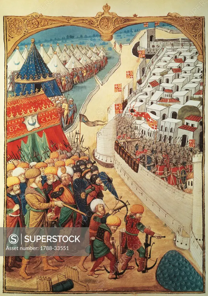 Troops of Sultan Mohammed II laying seige to Constantinople in 1453, miniature, Turkey 15th Century.