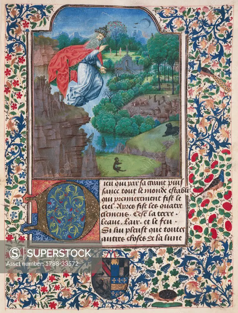 The Creation of the world, miniature from the Treaty of Medicine by Aldebrande of Florence, 1356, Italian manuscript folio 1.