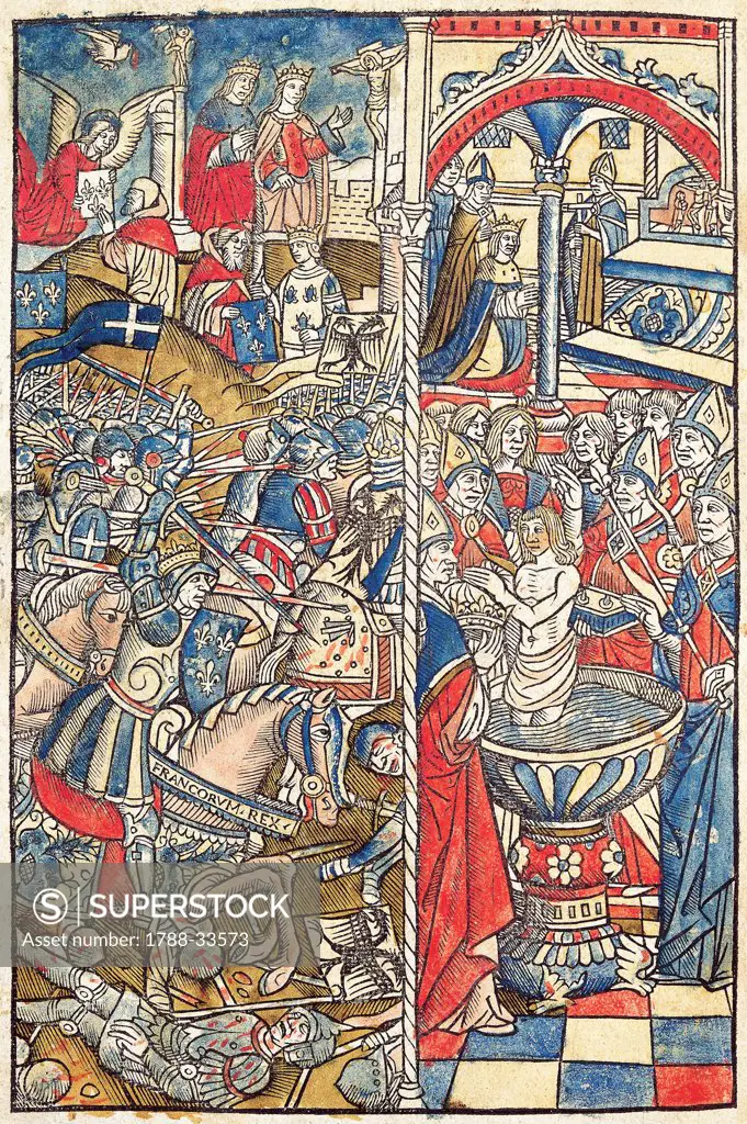 History of Clovis: Clovis fights against the Burgundians and Clovis' baptism, miniature from The Chronicles of French Kings by Robert Gaguin, manuscript, 1514 Paris, France.