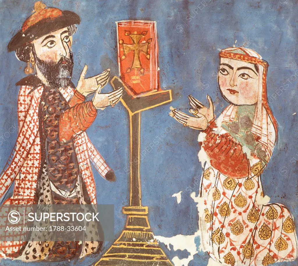 Garabet and Esugan offer a manuscript of the Gospel, Illuminated page, Armenia.