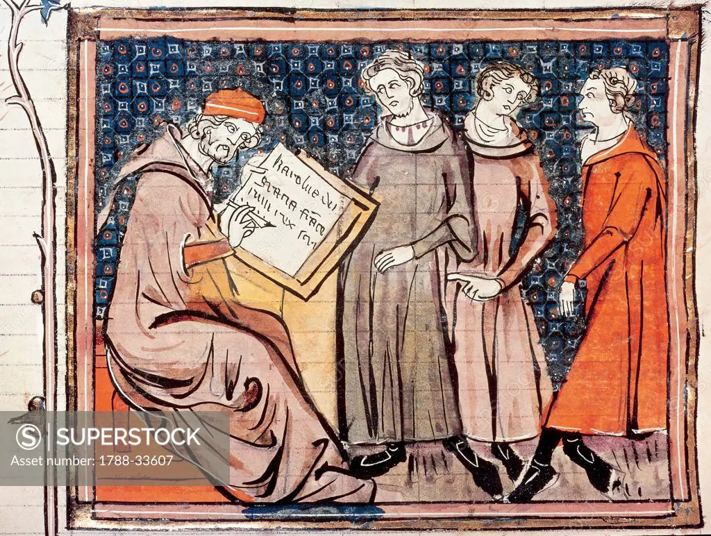 Eginhard the Historian recording the life of Charlemagne, miniature from the Great Chronicles of France Manuscript 5 folio 100 recto, France 14th Century.