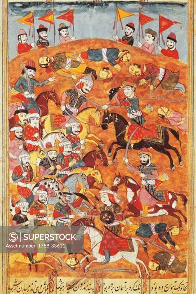 Fighting against Asian troops, miniature from Shahnameh or The Persian Book of Kings, by Ferdowsi, Persia 17th Century.