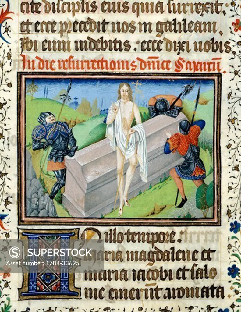 The Resurrection of Jesus, miniature from the Saint Wulfram Gospels, manuscript folio 249 recto, France 15th Century.