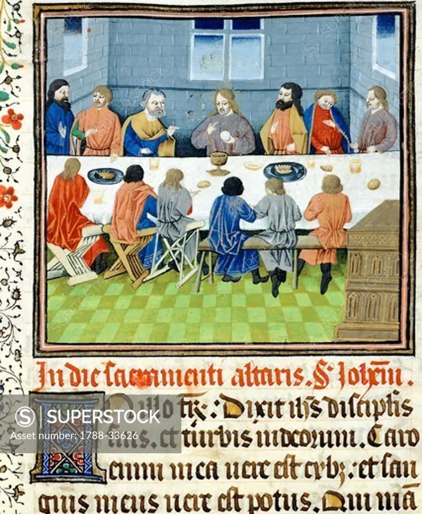 The last supper, miniature from the Saint Wulfram Gospels, manuscript folio 249 recto, France 15th Century.