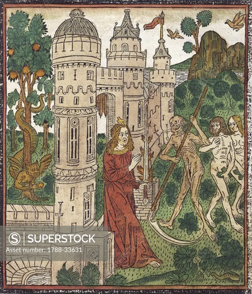 Adam and Eve being expelled from Paradise and killed with a scythe, from De Civitate Dei (The City of God) by Augustine of Hippo, French incunabulum from the workshop of Abbeville, 1486-1487.