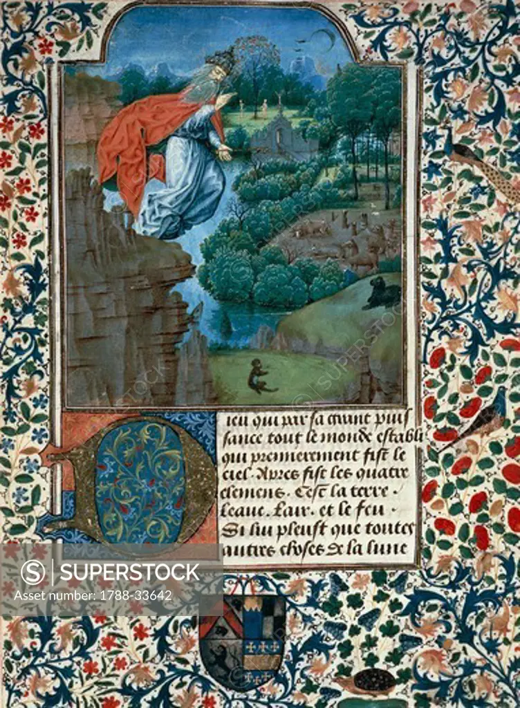 The creation of the world, miniature from the Treaty of Medicine by Aldebrande of Florence, manuscript folio 1, 1356, Italy 14th Century.