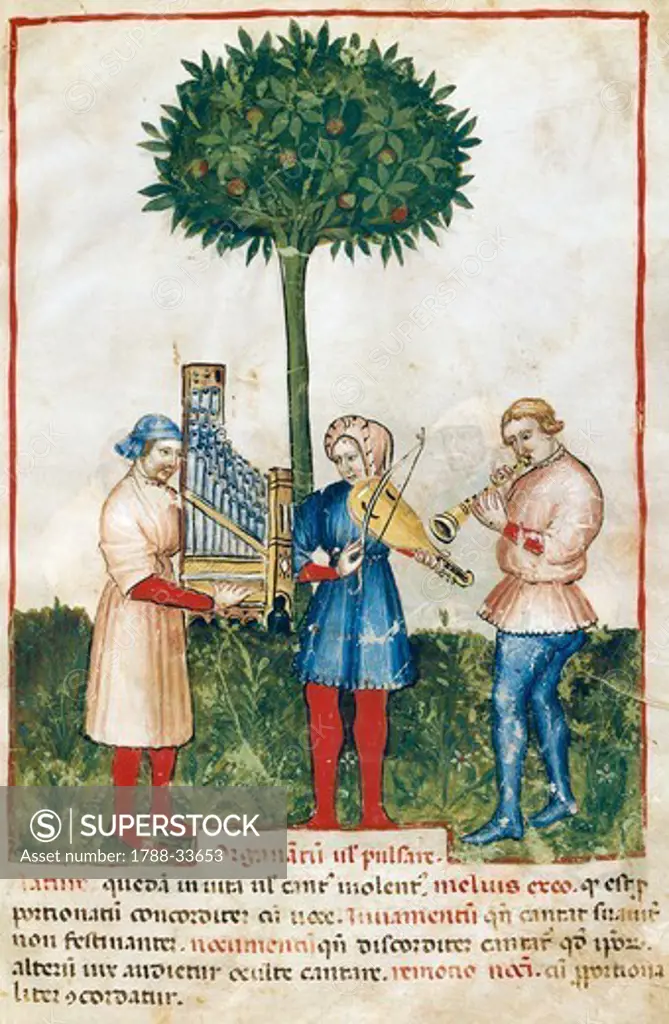 Musicians, miniature by Giovanni De Grassi from Tacuinum Sanitatis (The Medieval Health Handbook), Latin manuscript, 14th Century.