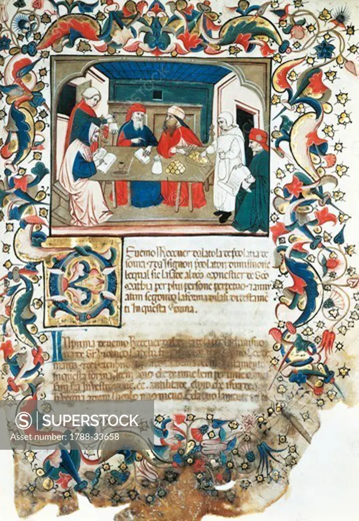 Businessmen closing a deal, miniature from Code of the register of Maffio, 1391, Italy.