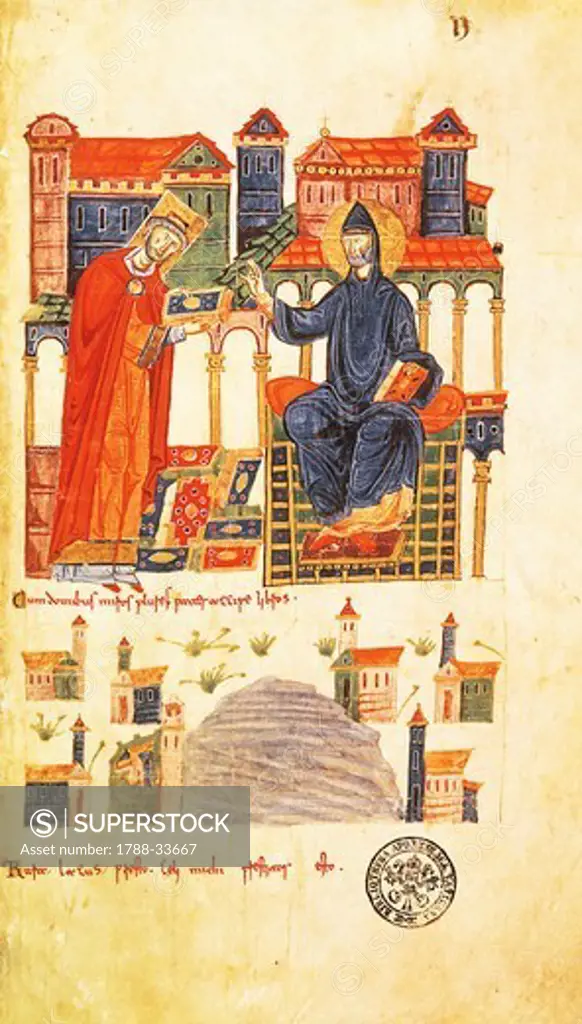 The Abbot of Montecassino offering codes and possessions to Saint Benedict, miniature from Vatican Latin Code 1202 folio 2 recto, Italy 6th Century.