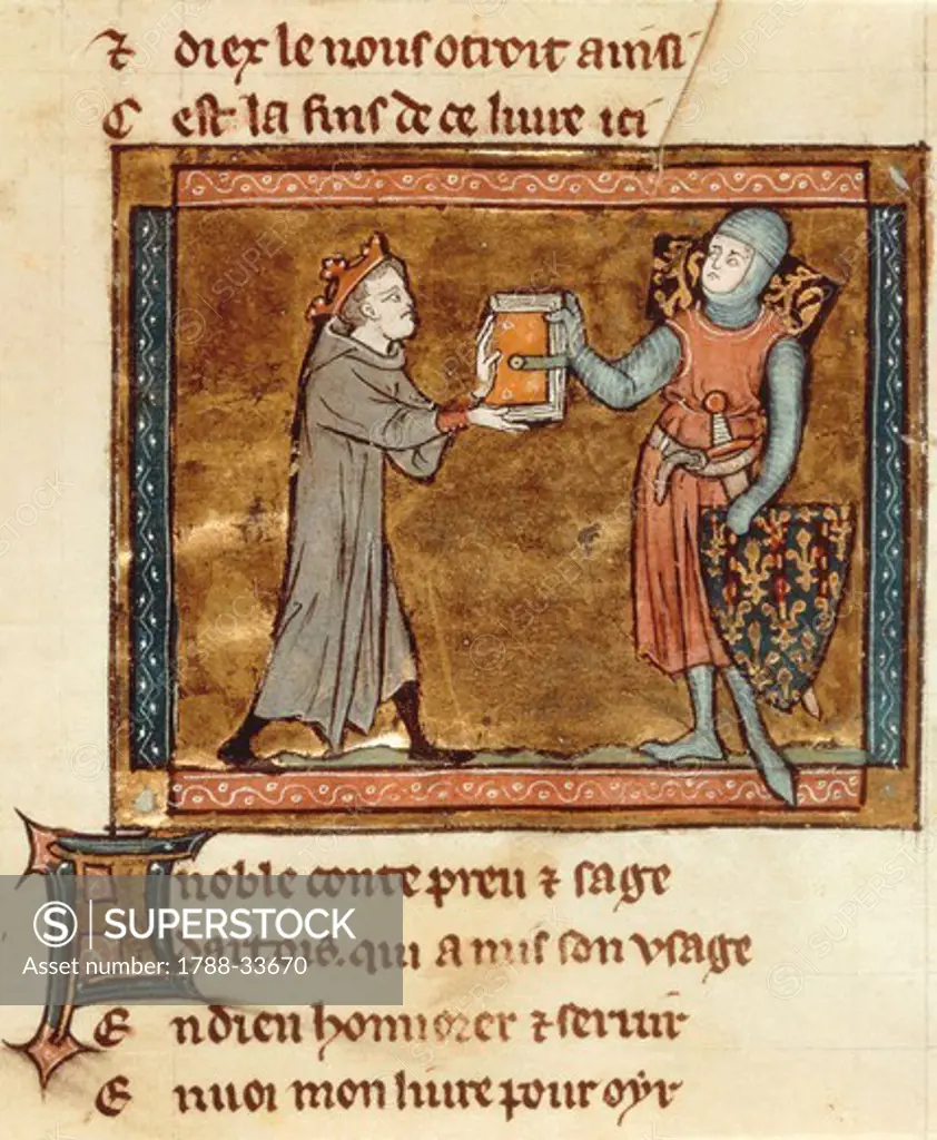 Adenes Le Roi (Adam le Roi) known as the King of Minstrels presenting his book to the Count of Artois, miniature from a Latin manuscript, 13th Century.
