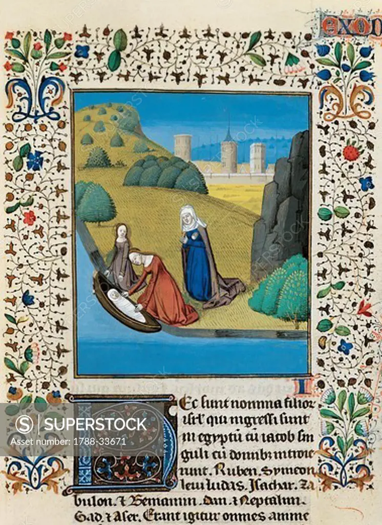 Moses being saved from the river, miniature from the Bible of John, manuscript, 15th Century.