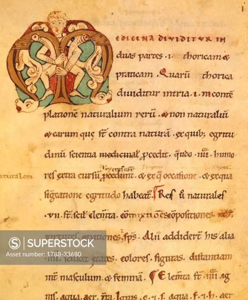 Illuminated page from the Treaty of the precepts, from the Medical School of Perugia, Latin manuscript, 11th Century.