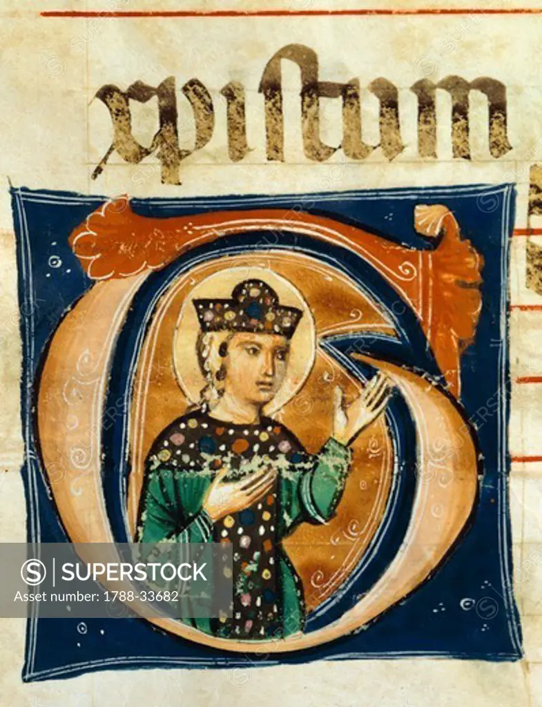 Initial capital letter G depicting the figure of a saint, miniature from a medieval choral manuscript, Latin manuscript, 13th Century.