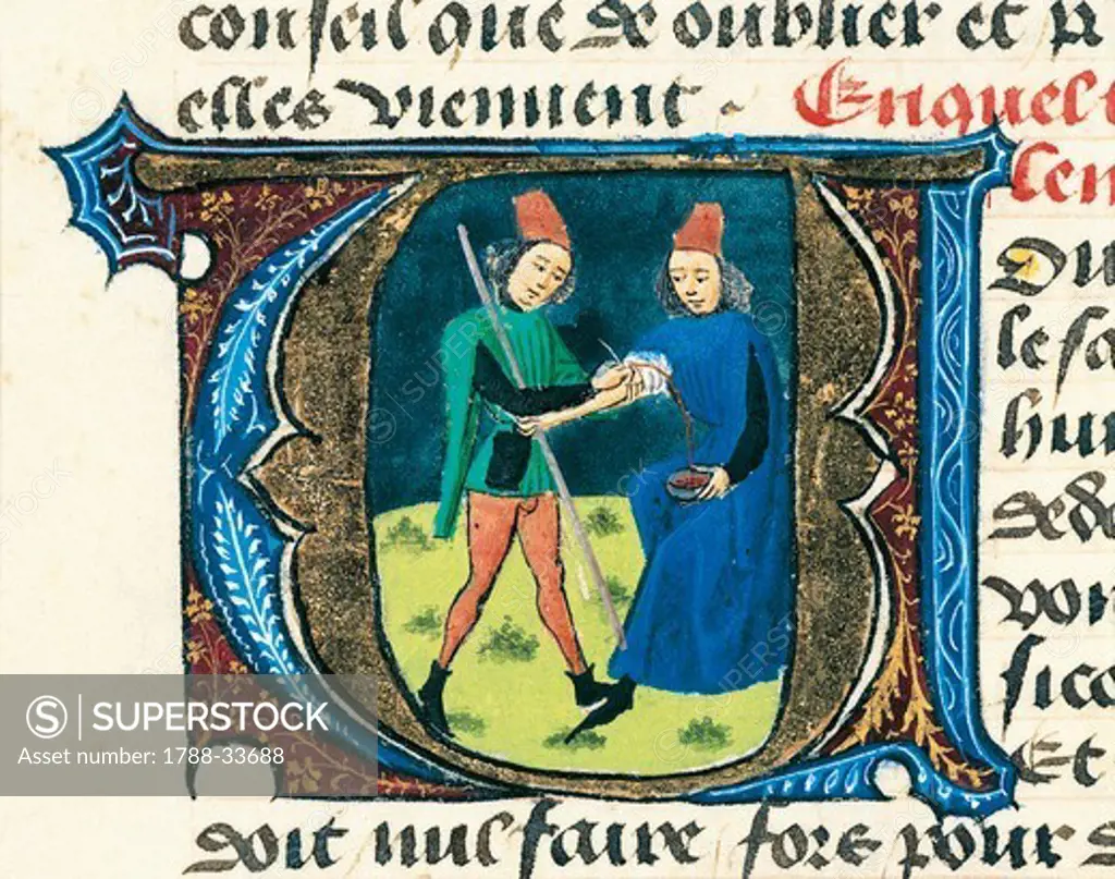 Bloodletting, miniature from the Treaty of Medicine by Aldebrande of Florence, manuscript, 1365, Italy 14th Century.