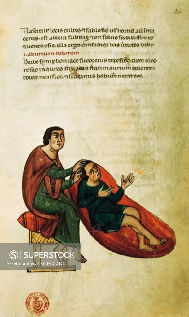 Treating illness, miniature from a treatise by Hippocrates of Kos, Latin manuscript, Sicilian Code Plut 73 16 C 48, 13th Century.