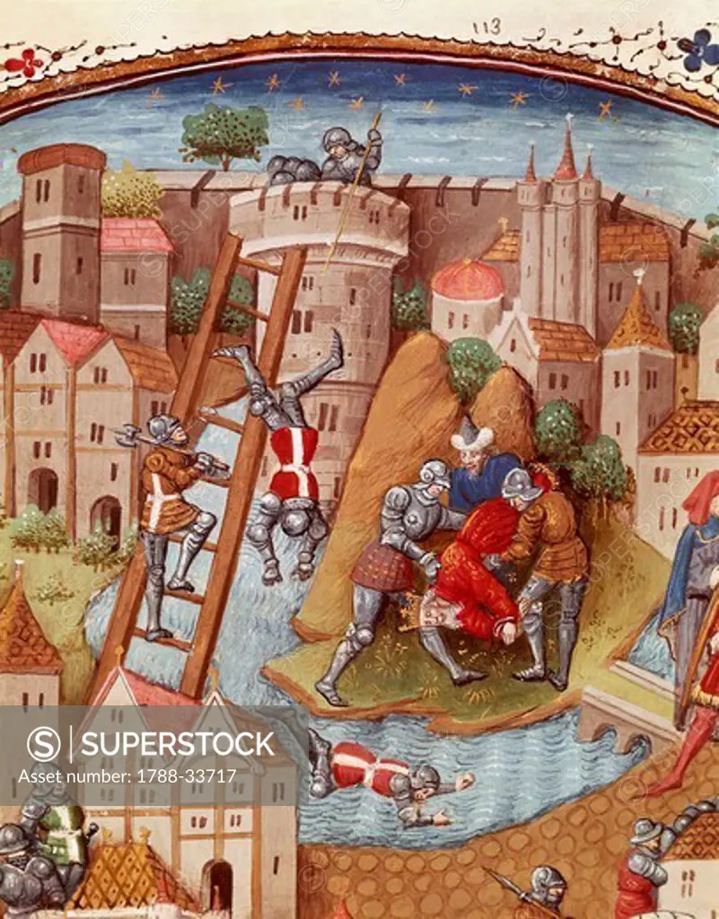 Storming a fortress using ladders, miniature from the Book of Noble Cases by Giovanni Boccaccio, manuscript, folio 106, France 15th century.