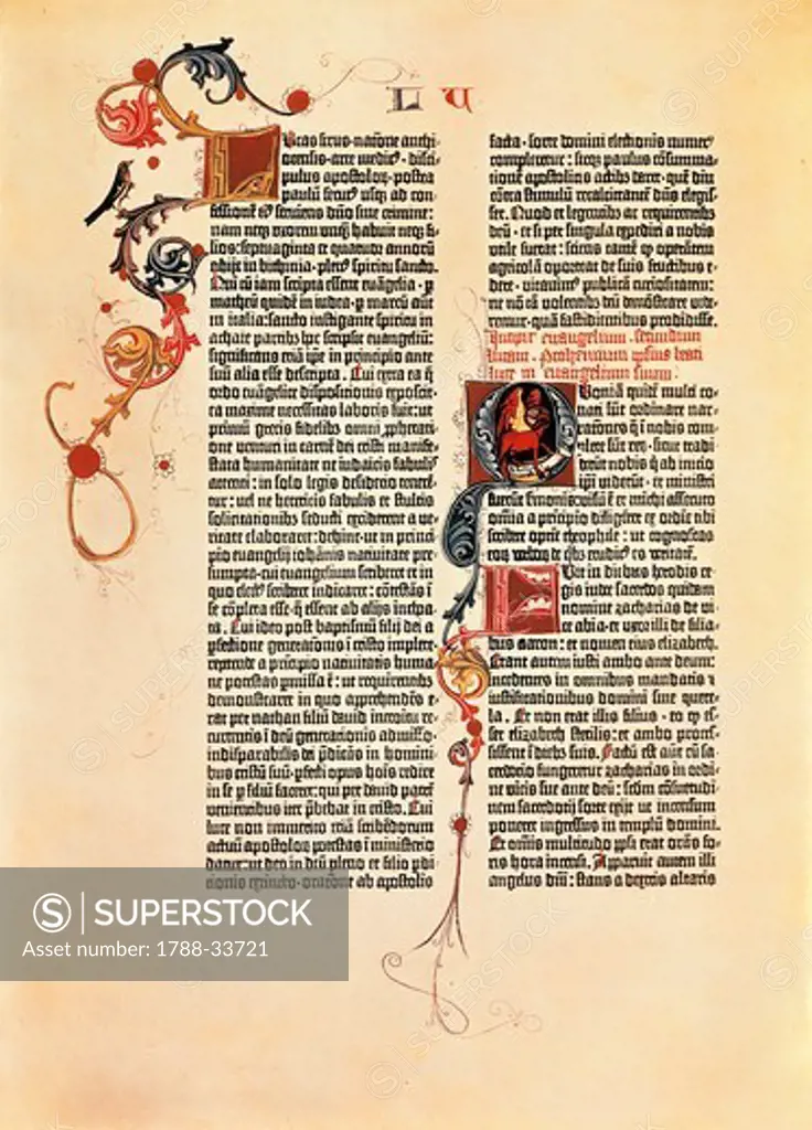 Page from the Bible of 42 lines (Mazarina), printed by Johan Gutenberg, 15th Century.
