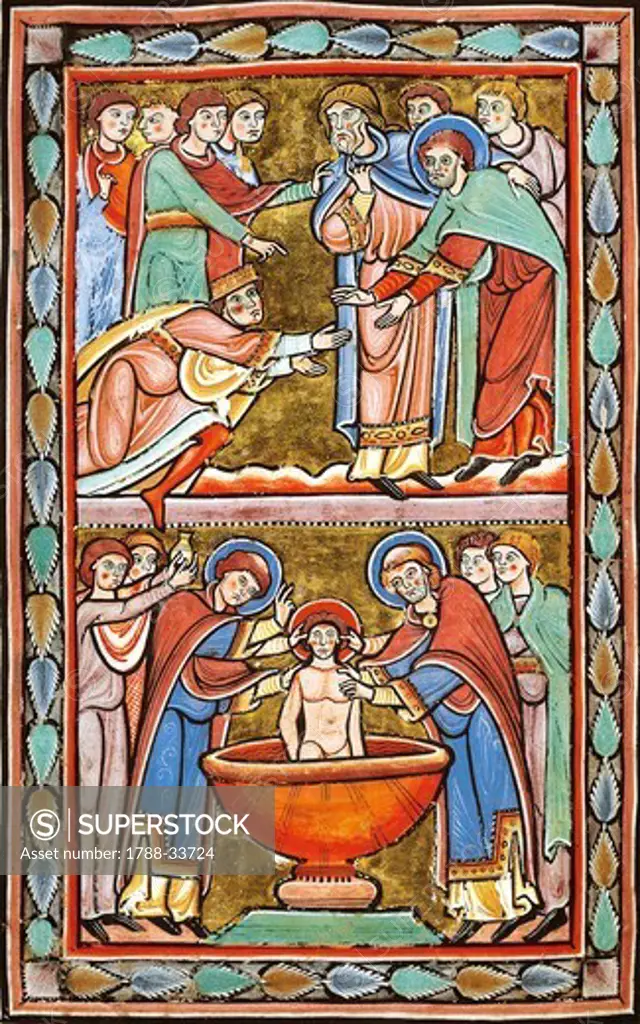 Saint Amand at the court of Dagobert, baptising the son of Dagobert, miniatures from the Lives of the Saints, France 12th Century.