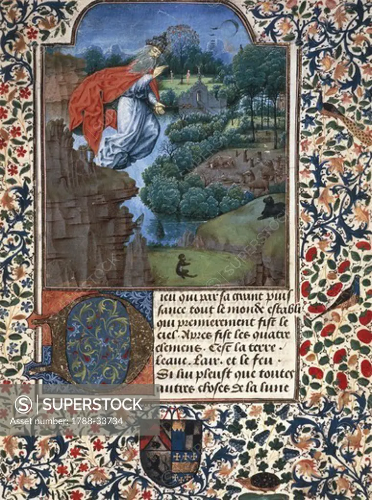 The creation of the world, miniature from the Treaty of medicine, by Aldebrande of Florence, manuscript folio 1, 1356, Italy.