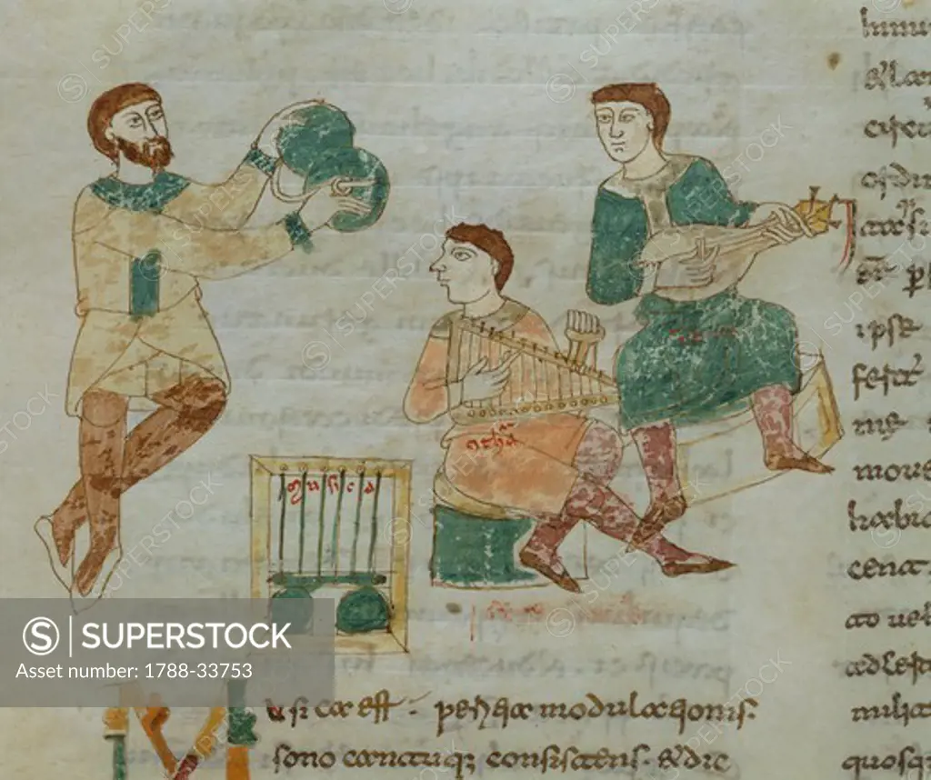 Music, miniature from De universo by Rabano Mauro, manuscript, Italy 11th Century.