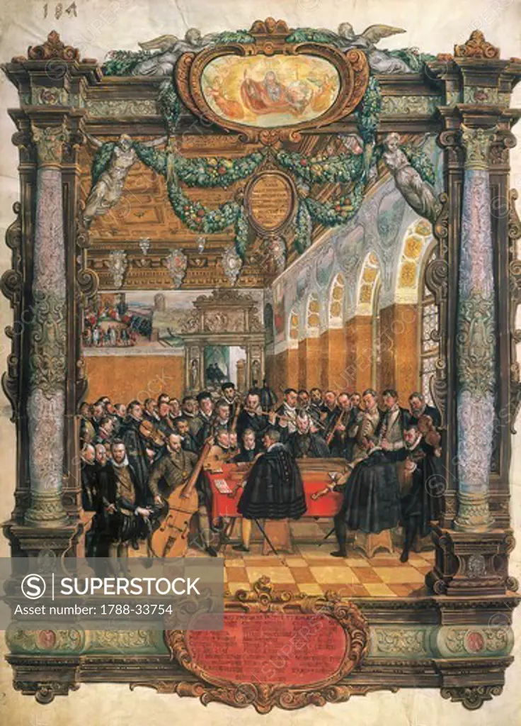 Orlando of Lasso directs the Court of Bavaria orchestra, miniature.