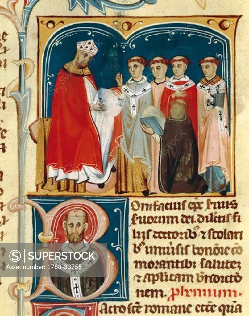 Pope Boniface VIII receiving the manuscript containing the laws, miniature from Decretales, 13th Century.