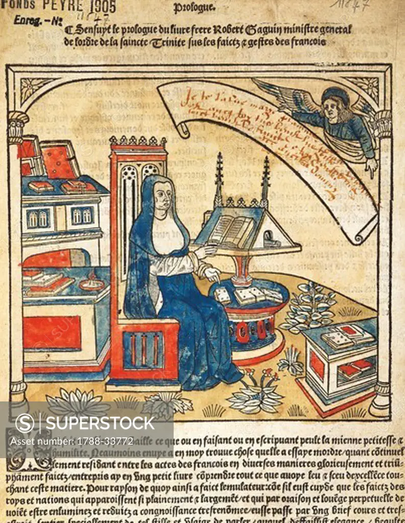 Prologue: woman reading in an interior setting, miniature from The Chronicles of the King of France by Robert Gaguin, Paris, 1514, France 16th Century.