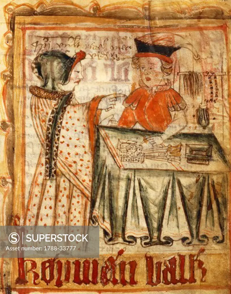 The interior of a boutique: lady with a merchant, miniature from Magnus Eriksson's National Law in the Codex Aboensis, 1450, manuscript, Sweden.