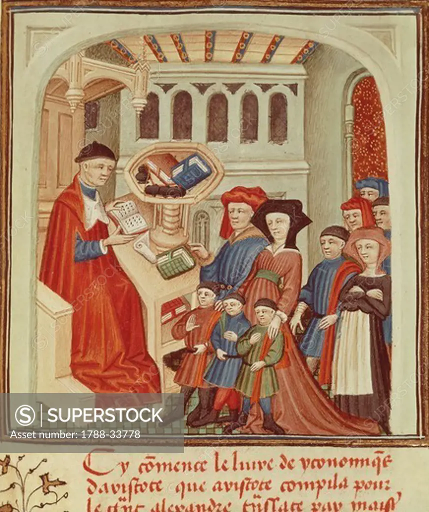 A family in front of a financier, miniature from Ethics, Politics, the Economy, by Aristotle, France 15th Century.