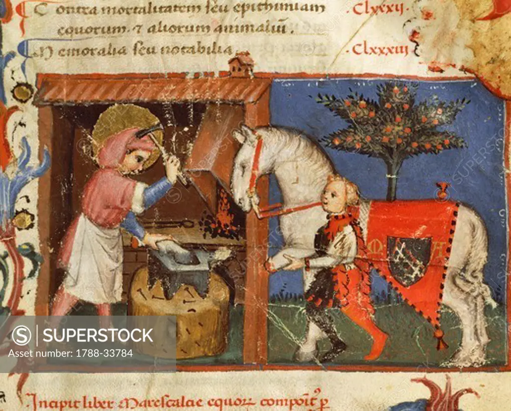 Sant'Eligio saving a horse in his goldsmith workshop. Miniature from Hippiatria (also known as Marescalcia or Masclacia) a Treaty on Treating Horses by Rusio Lorenzo, manuscript, 1410-1412, Italy.