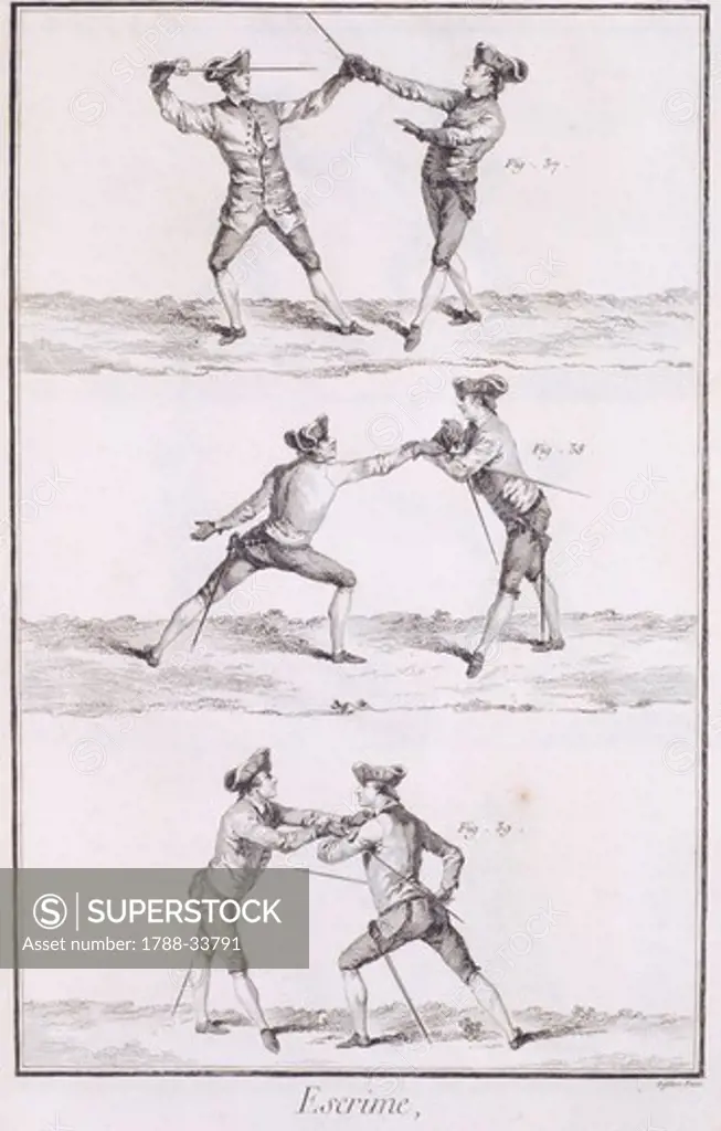Plate showing fencing positions. Engraving from Denis Diderot, Jean Baptiste Le Rond d'Alembert, L'Encyclopedie, 1751-1757.