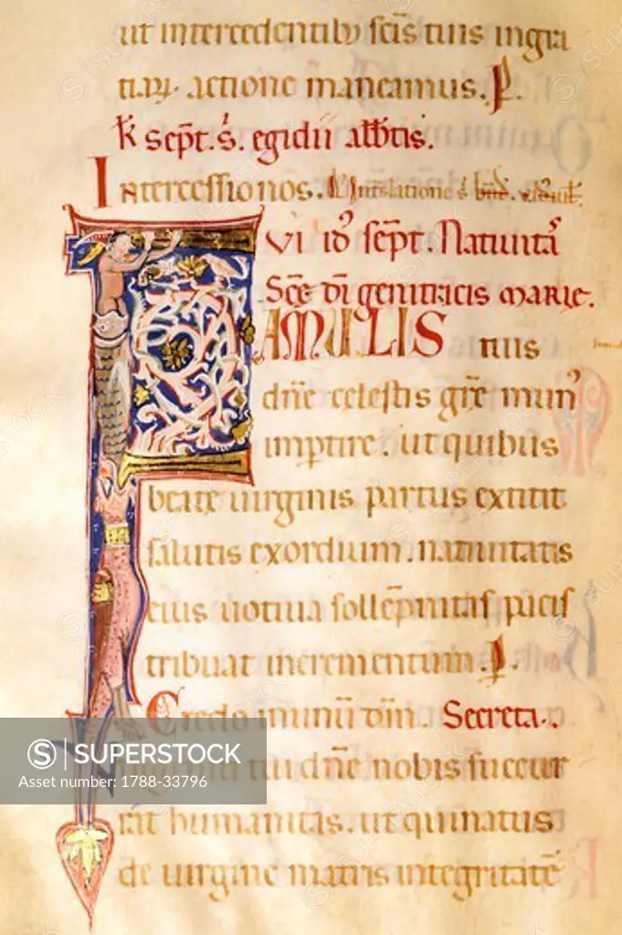 Illuminated initial capital letter from a Gospels from San Benedetto Po, manuscript 441 folio 2 verso, 1254, Italy.