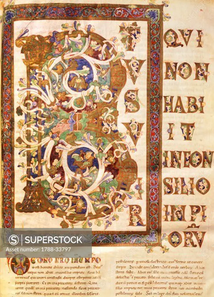 Illuminated initial capital letter from a Gospels from San Benedetto Po, manuscript 144 folio 2 verso, 1254, Italy.