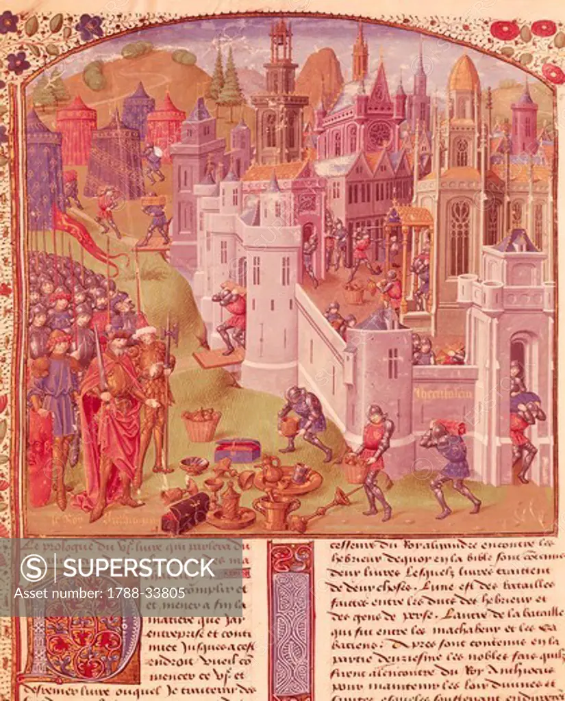 The capture of Jerusalem by Antiochus and the plundering of the city, miniature from Chronicle of Bouquechardiere, manuscript, folio 310 recto, 15th Century.