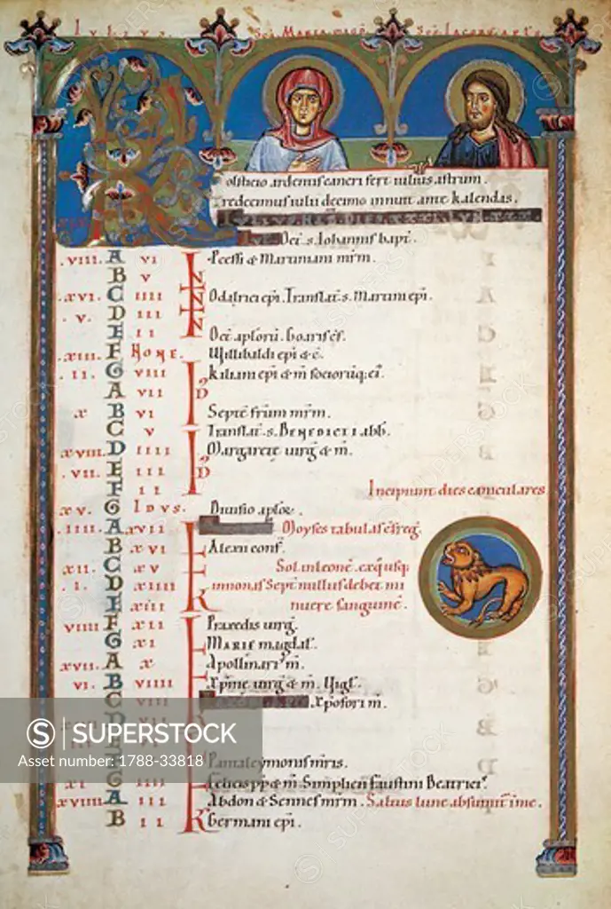Illuminated page of a calendar, a specimen of St Peters Antiphonary, Latin manuscript.