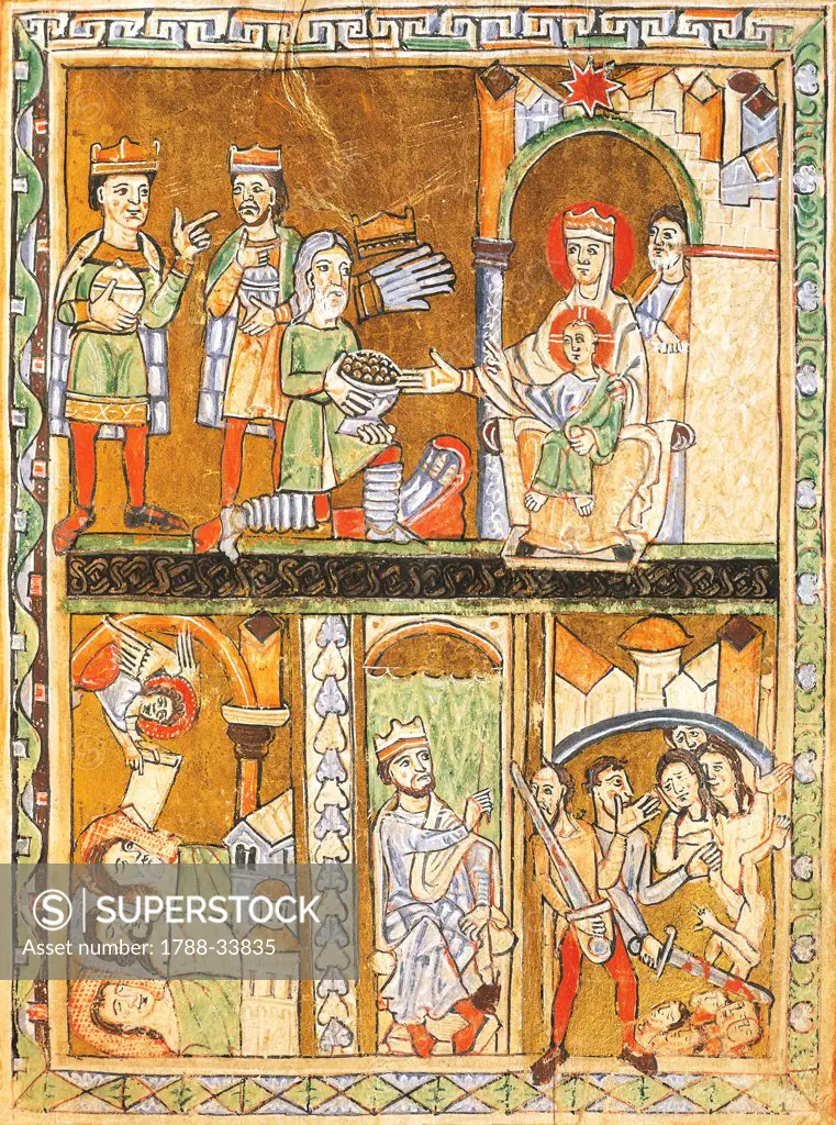 Adoring the Magi, Herrod and the massacre of the innocents, miniatures from the Gospels of the great festivities, manuscript, France 13th Century.