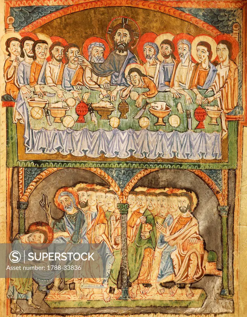 The last supper and washing of feet, miniature from the Gospel of the great festivals, manuscript France 13th Century.