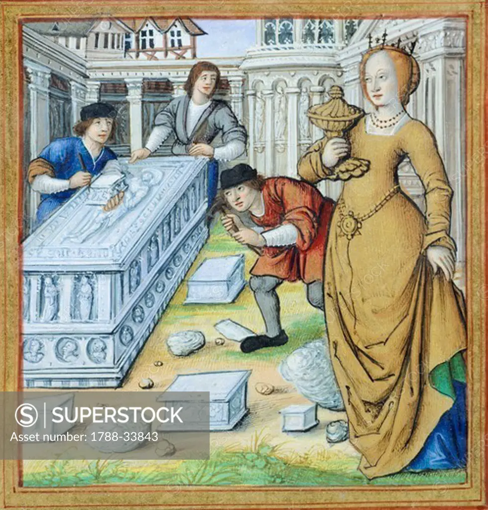 Artemisia puts her husband's ashes in his tomb, miniature from The Lives of Famous Women by Antoine Dufour (ca 1505), manuscript folio 35 verso, France 16th Century.