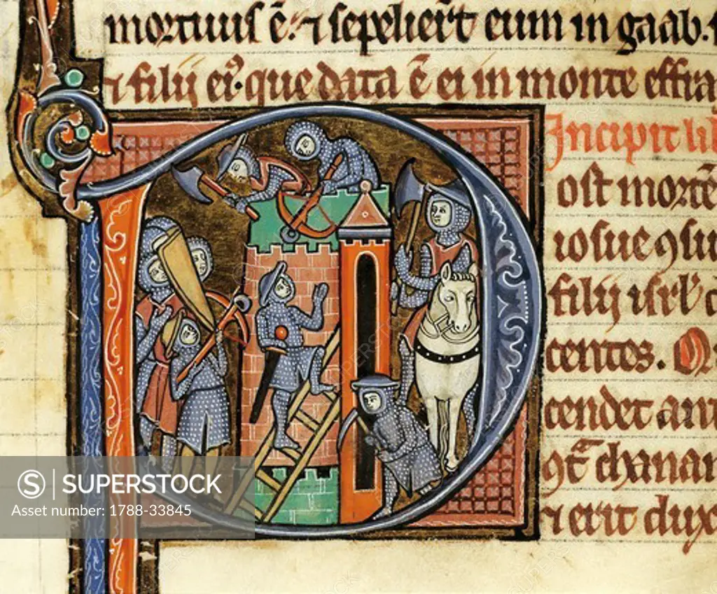 Conquest of Jerusalem by the troops of Judah, miniature from Latin Bible from the abbey of Mont Saint Eloi, Latin manuscript folio 46 verso, France 12th-13th Century.